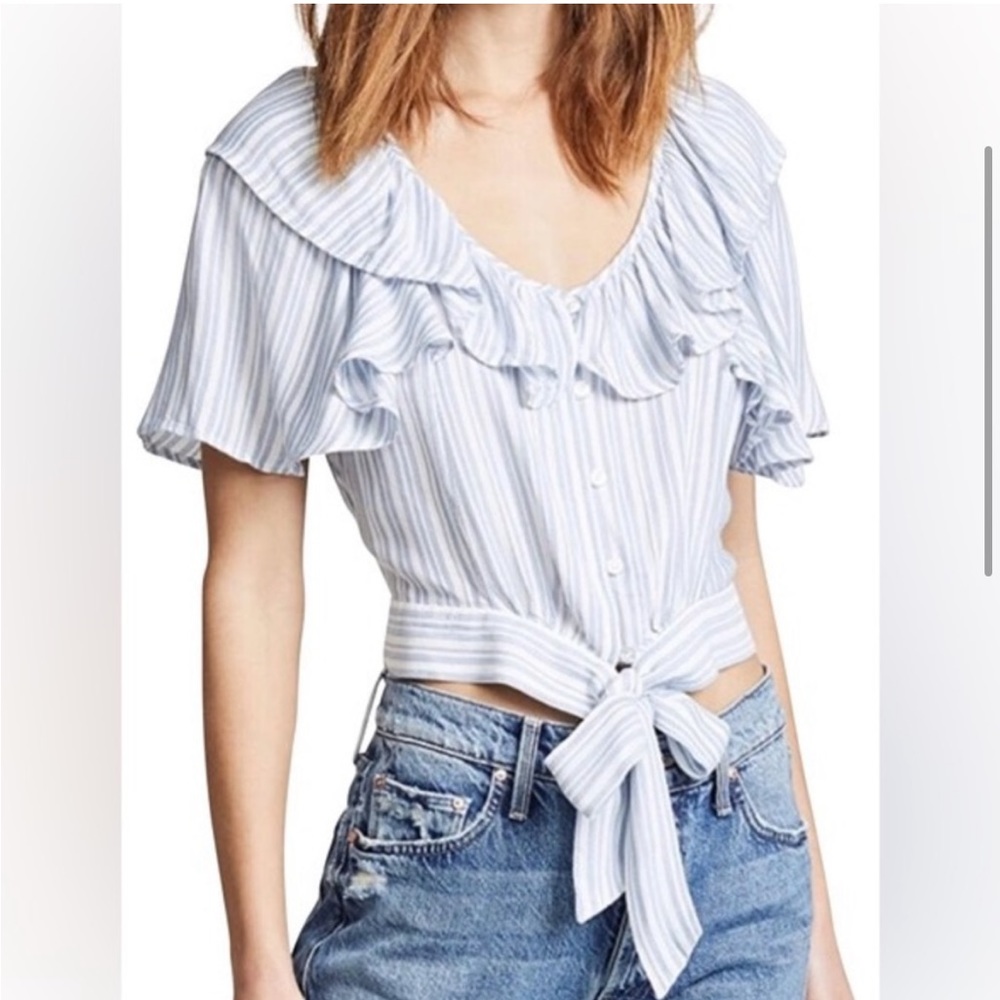 Free People The Rosemary Top Tie Waist Blouse Flutter Ruffle Blue Stripe Sz L - Picture 2 of 12